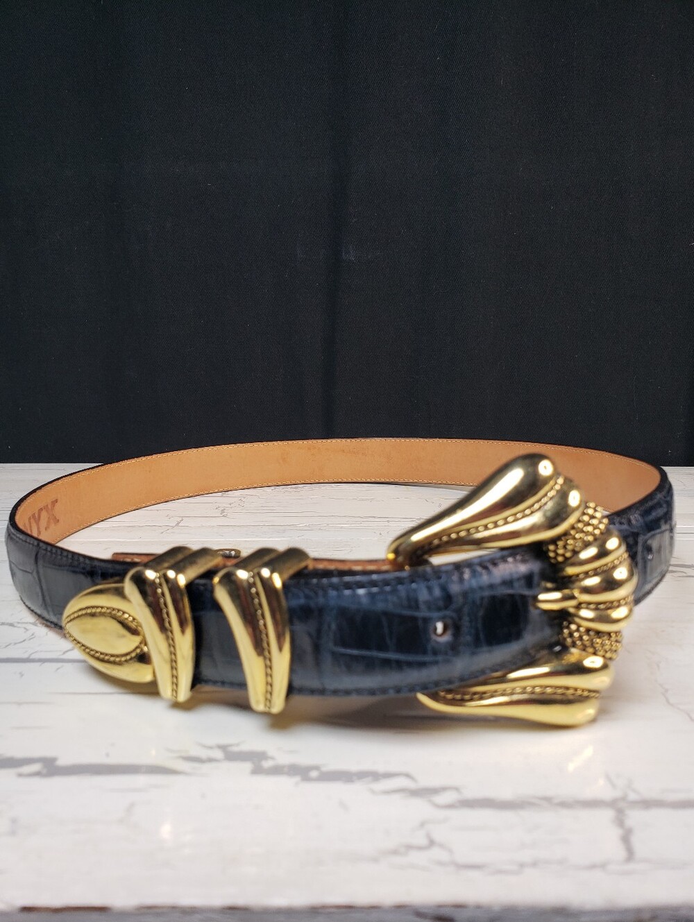 Onyx Embossed Crocodile Belt on Genuine Leather in Dark Navy - Women's size 30